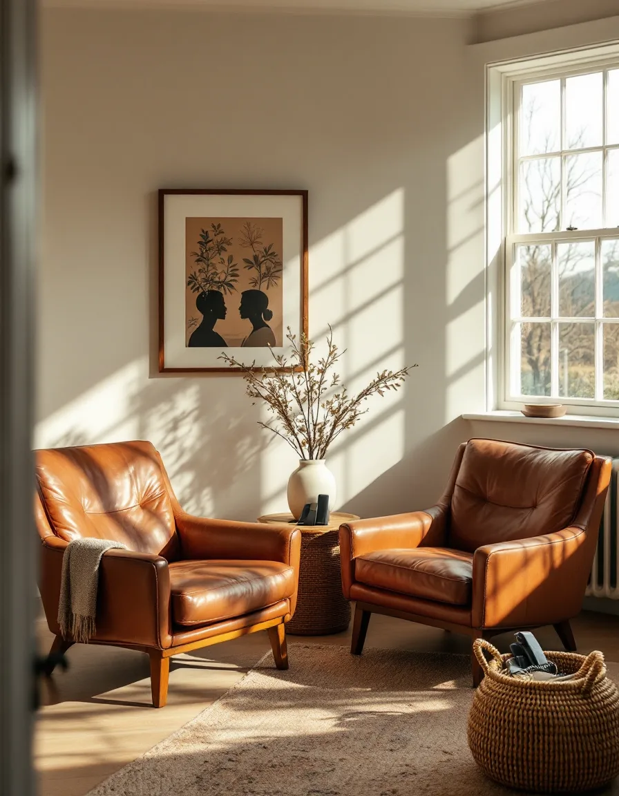 Two leather chairs angled toward each other in a warm farmhouse coaching room, phones in a basket on a low table